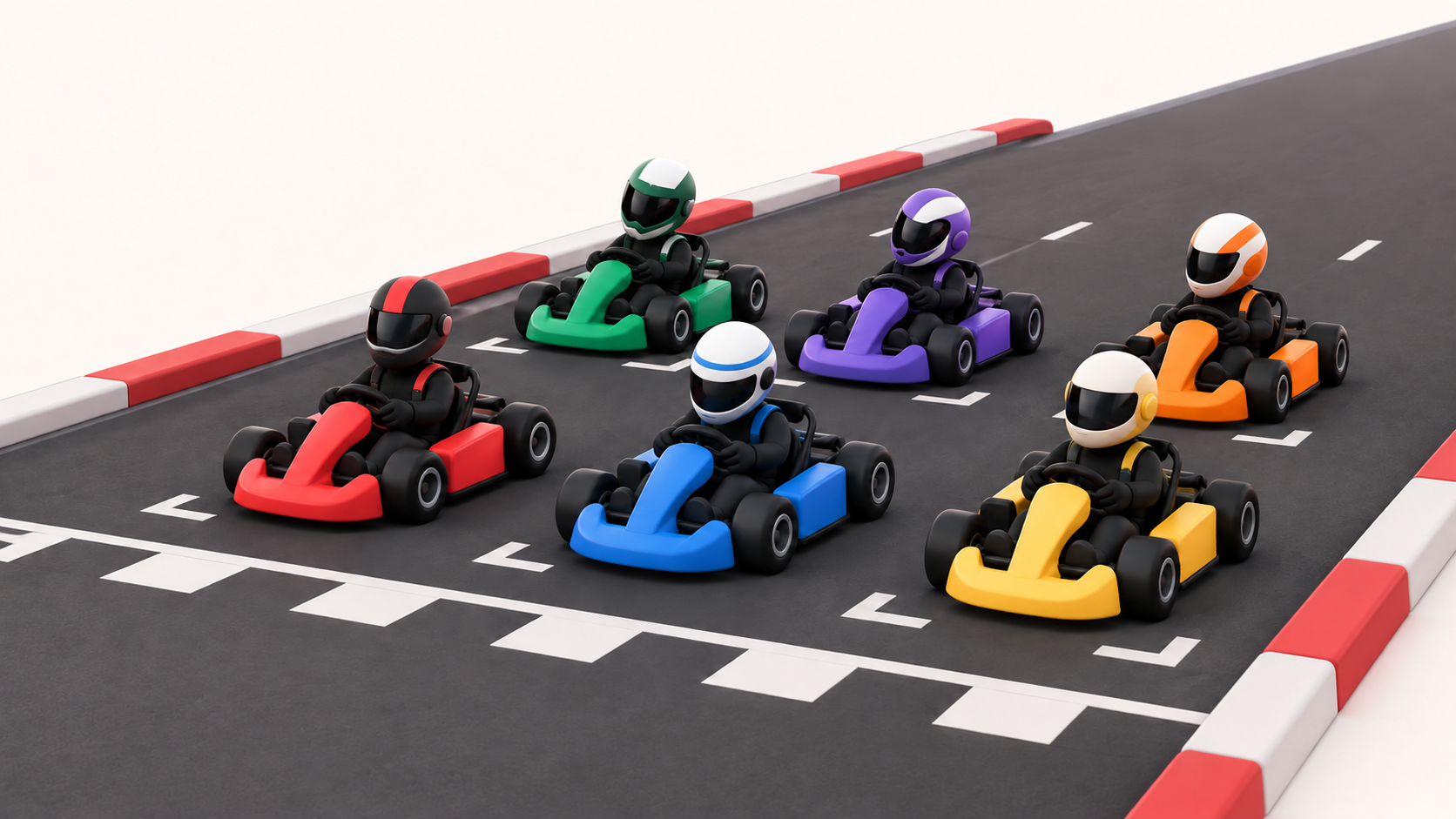 Karts coloridos alinhados no grid de largada de uma pista